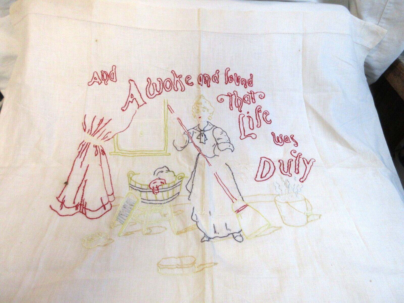 ANTIQUE EMROIDERED CARD TABLE COVER~"AND AWOKE & FOUND LIFE WAS DUTY"