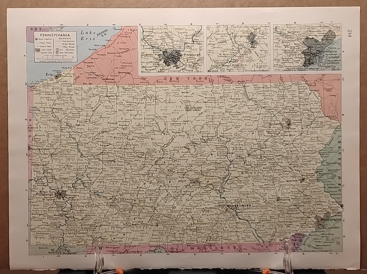 Old Vintage PENNSYLVANIA Atlas Map 1961 MSM Life Pictorial Atlas of the World