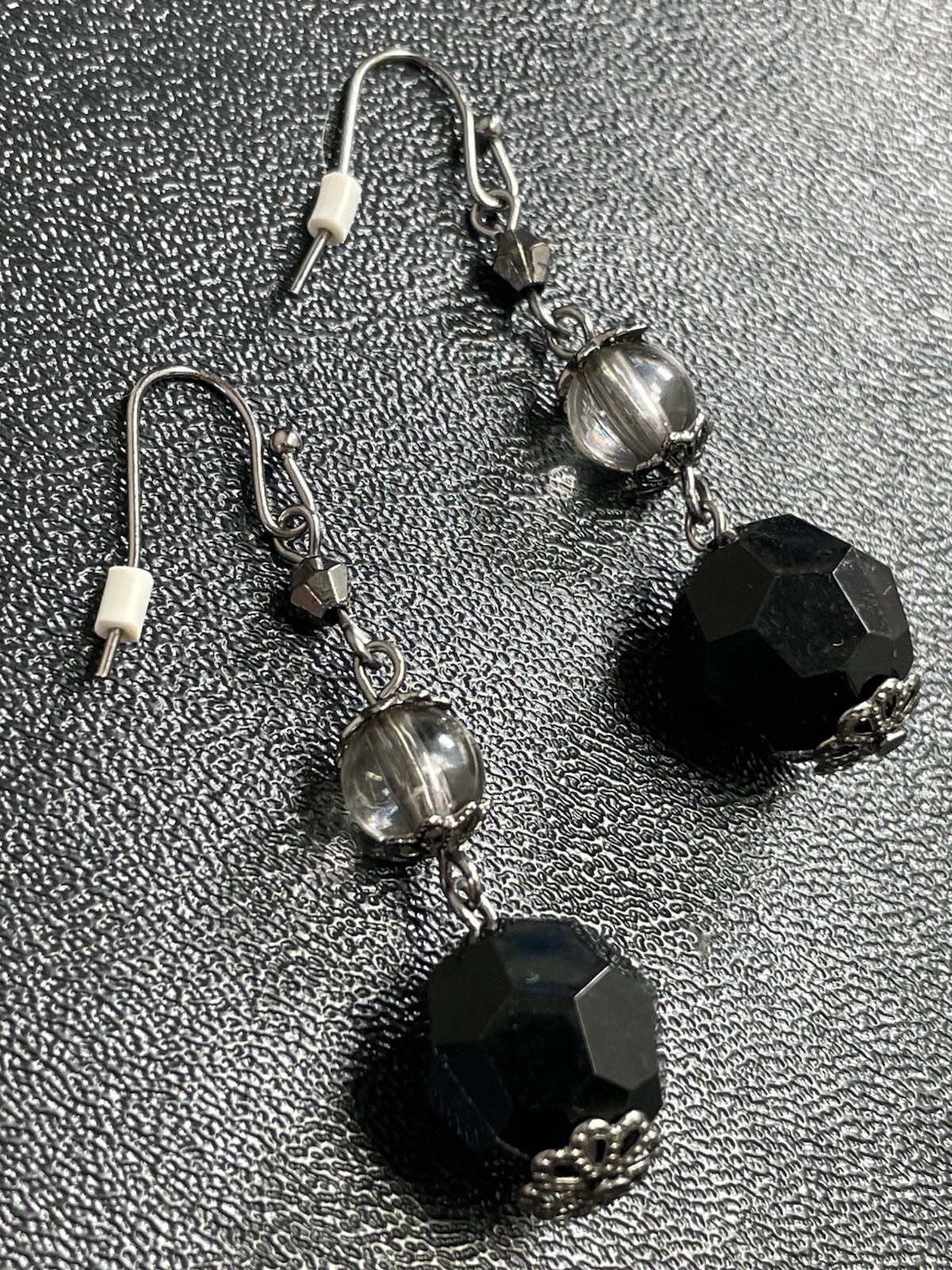 Vintage 2” Black Faceted Lucite Beaded Dangle Earrings