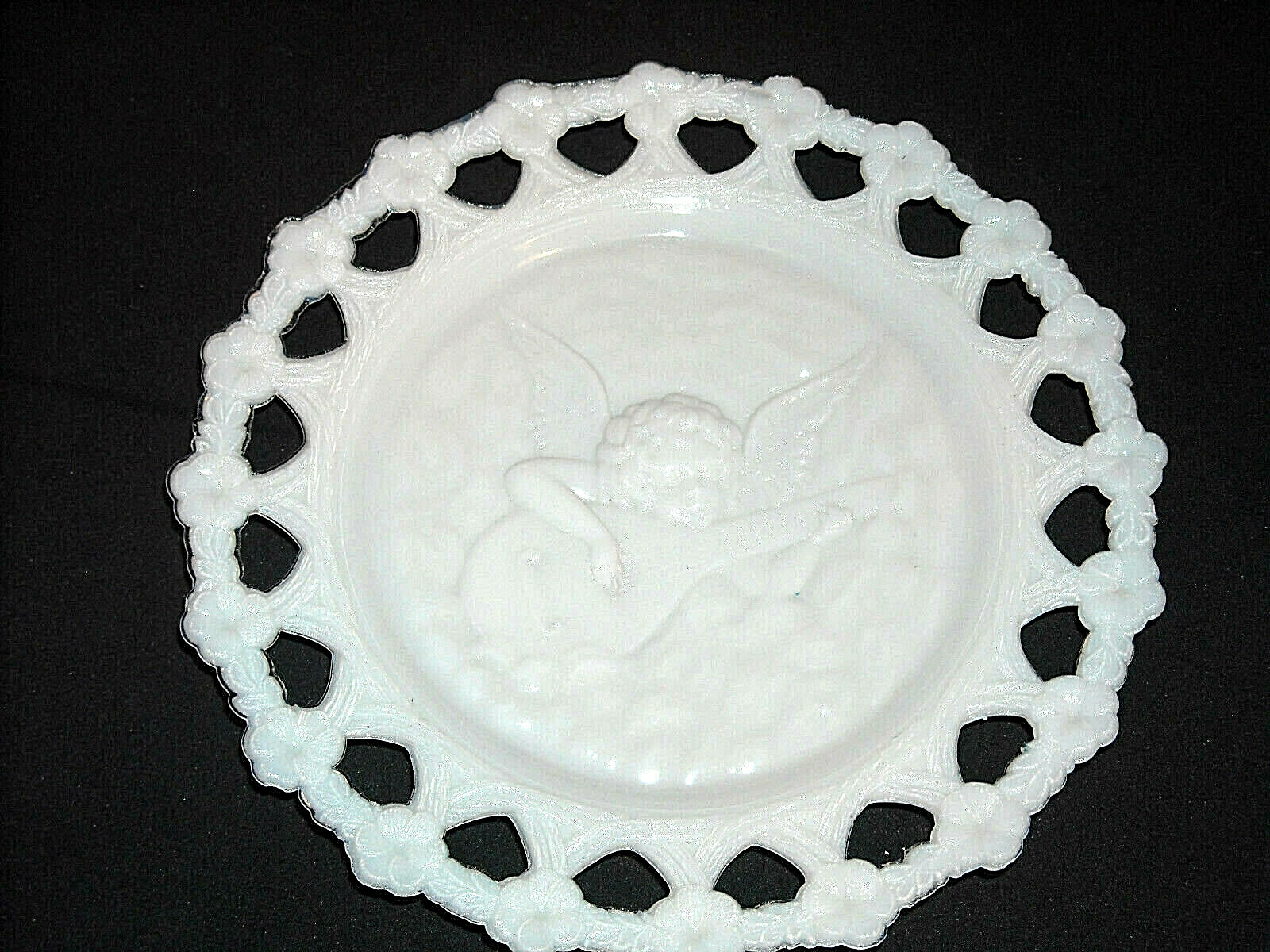 Antique Early Milk Glass Candy Dish Cupid Angel Mandolin Flowers