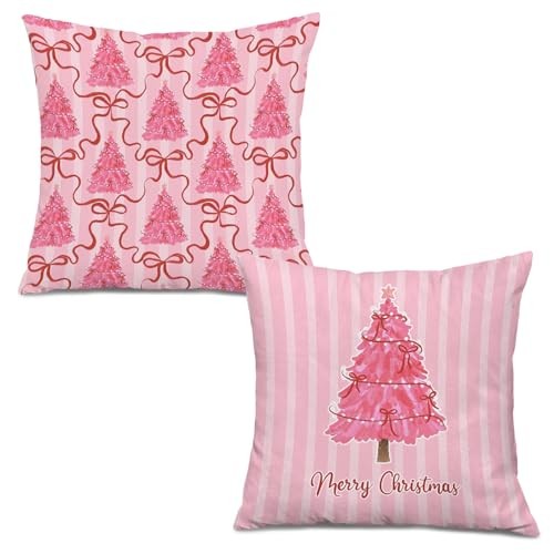 Pink Christmas Tree Throw Pillow Covers 18x18, Preppy Christmas Decor, Color 12