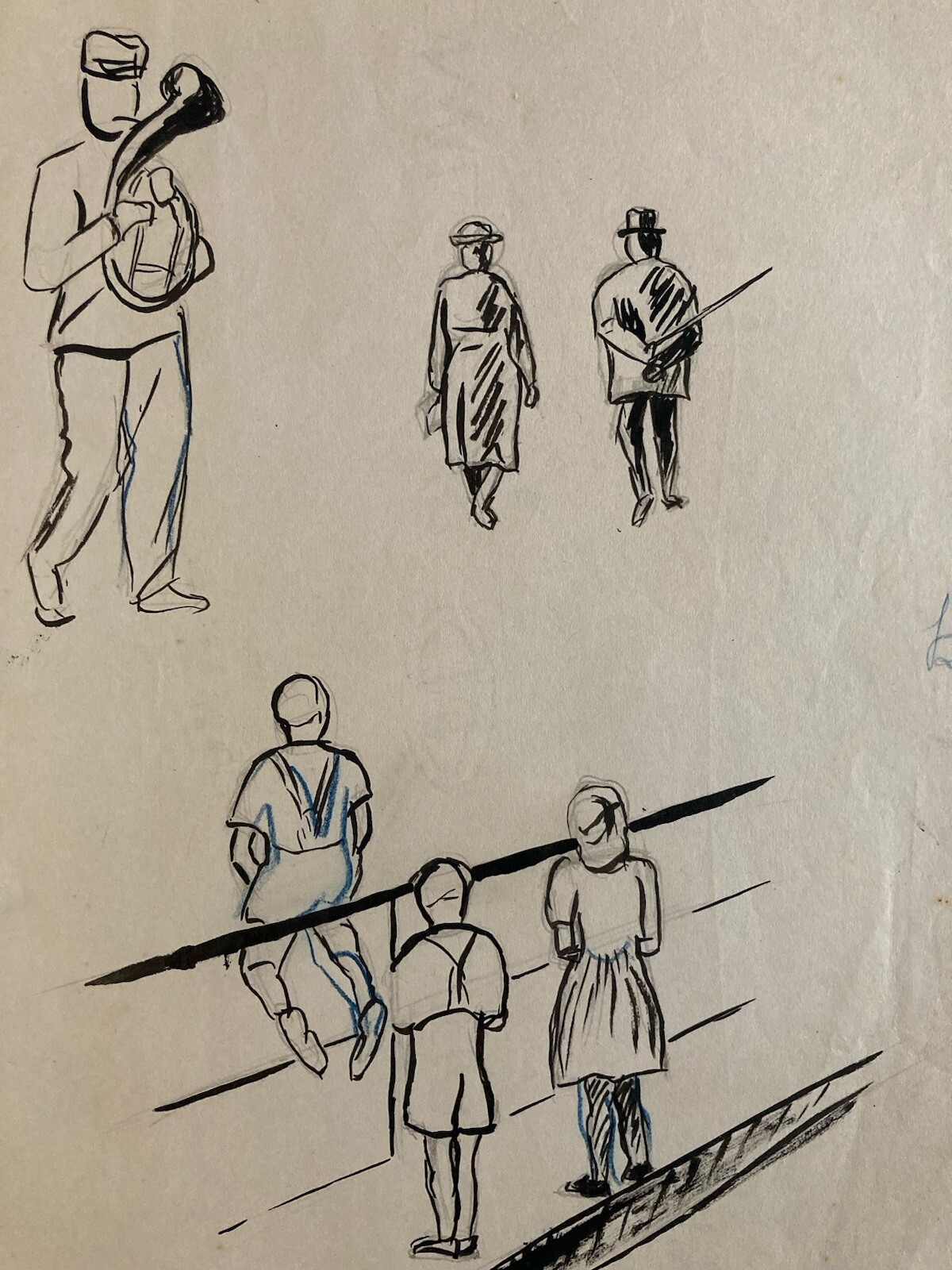 Beautiful Ink Wash Drawing Couple Man Woman Boat Bridge 1950 To Identify Art