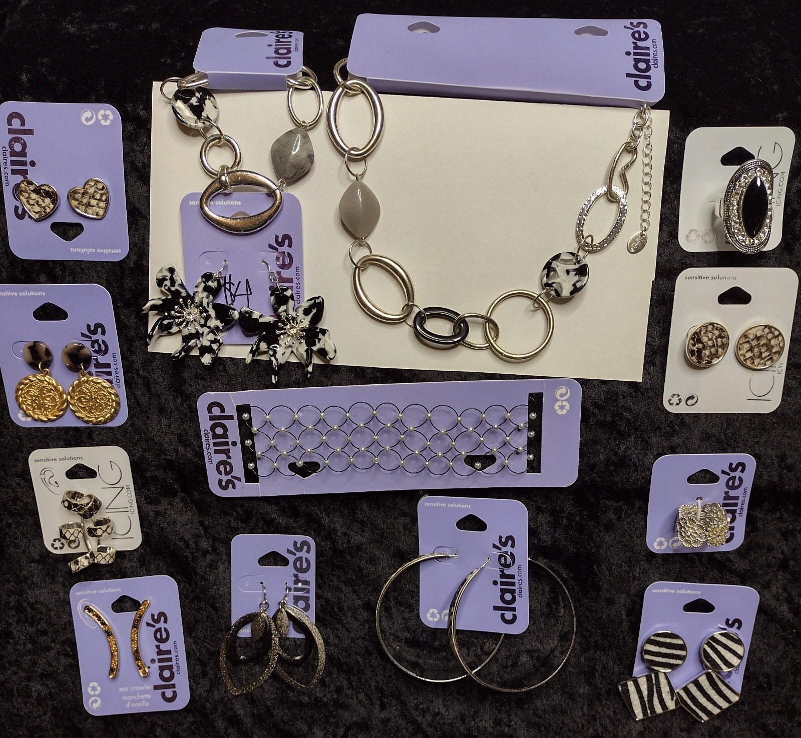 Lot New Claires Icing Necklace Ring Animal Print Zebra Statement Earrings Choker