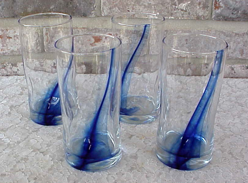Libbey Crisa Blue Ribbon Glasses Tumbers (4) Impressions Dimpled 6" Tall Signed