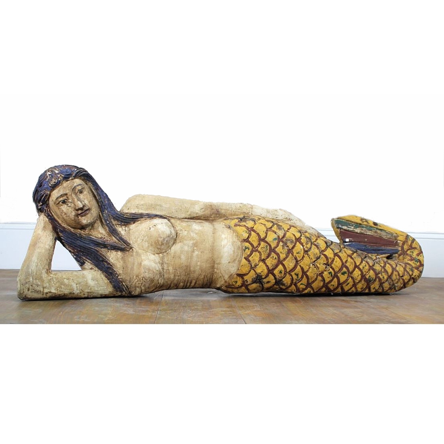 Folk Art Hand Carved Laying Mermaid Statue with Painted Finish