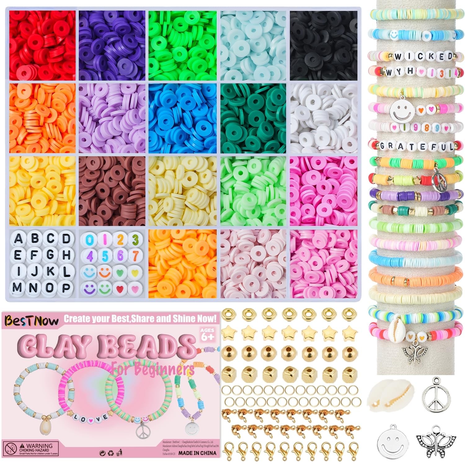 BestNow Clay Beads Bracelet Making Kit Toys for Small, 18 Fashion Colors 