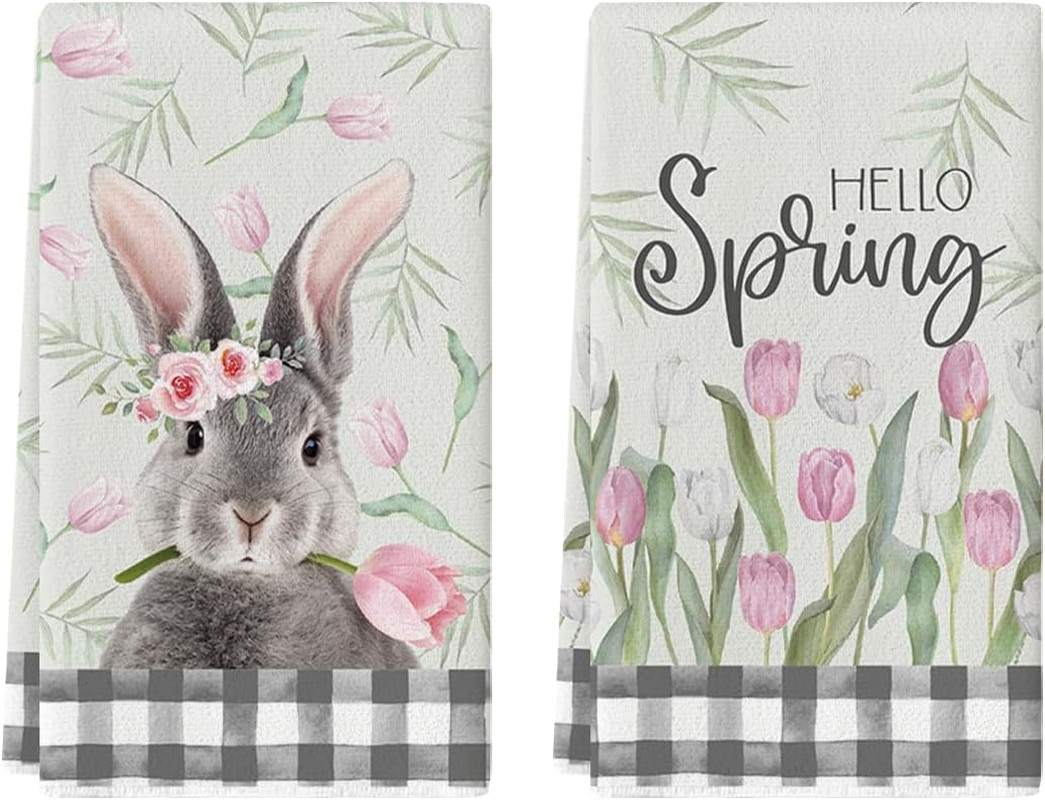 Buffalo Plaid Bunny Rabbit Flowers Hello Spring Easter Kitchen Towels Dish Towel