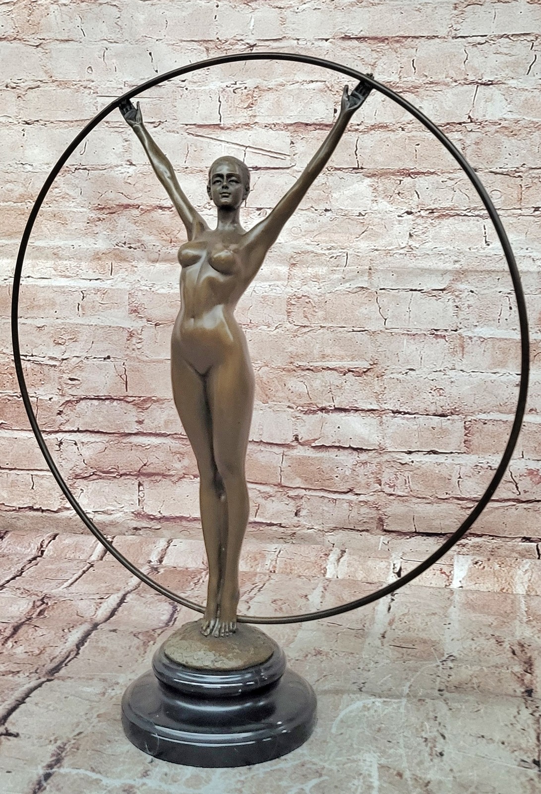 Bronze Hula Hoop Dancer Statue Art Nouveau Female Figure Marble Base