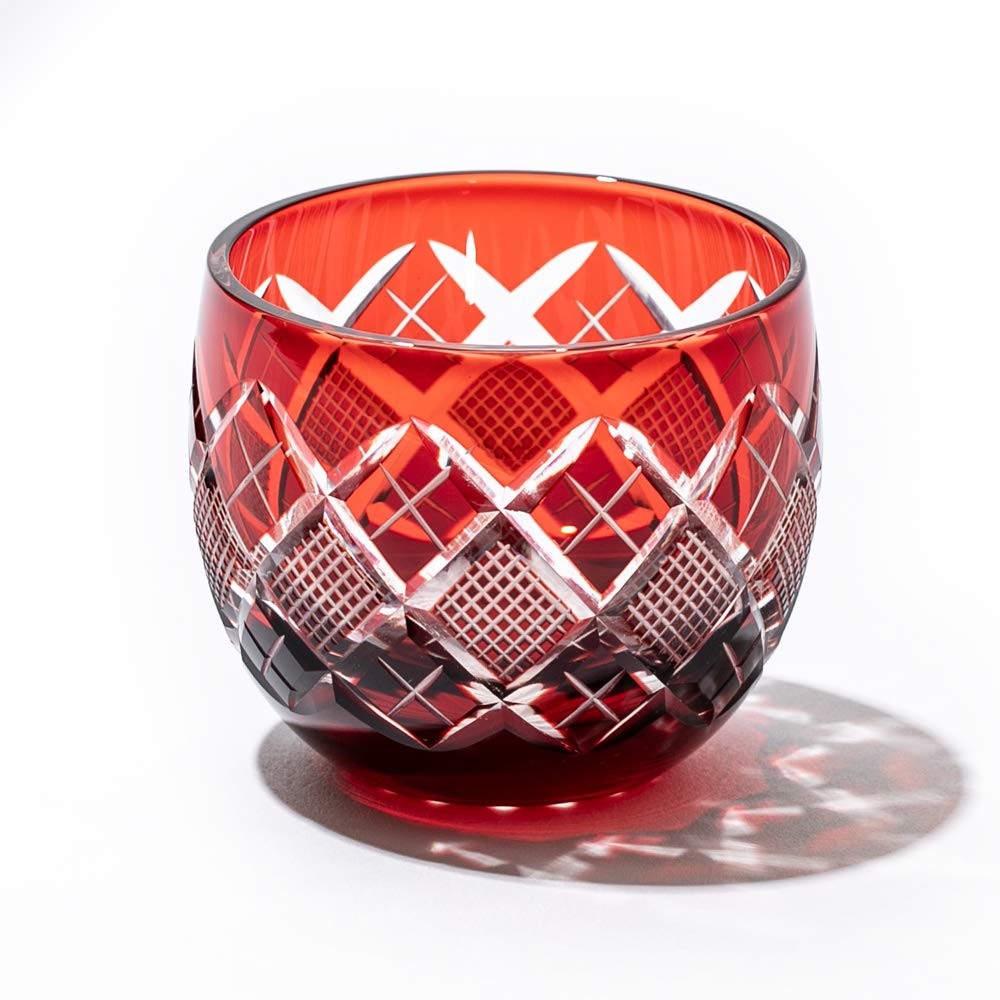 Edo Kiriko Yarai-Uonomon Sake Cup Red Wooden Box, Made in Japan