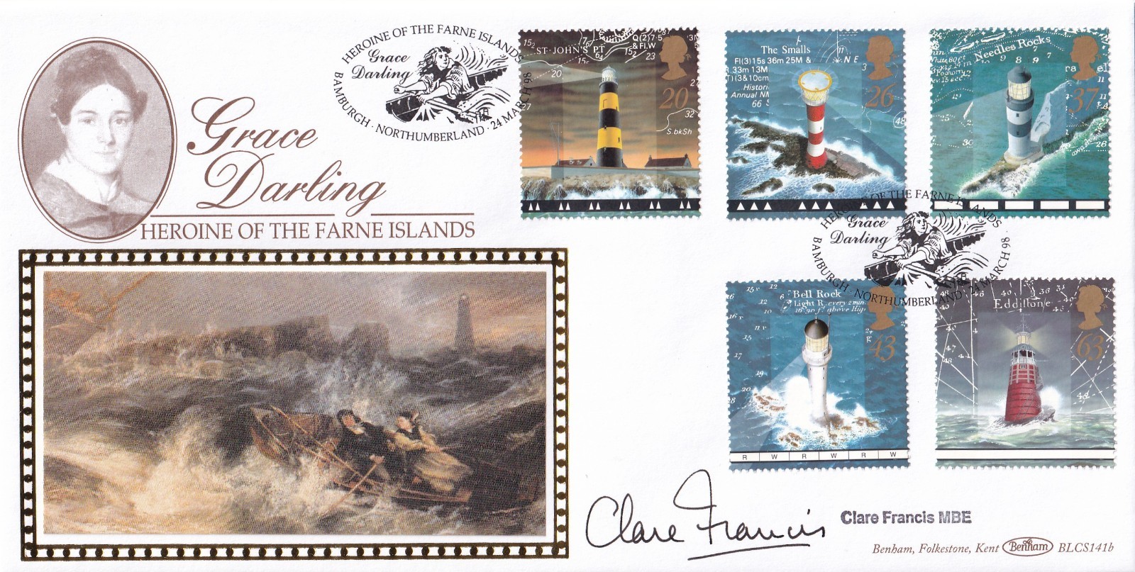 1998 Lighthouses  BENHAM First Day  Cover SIGNED by Yachtswoman Clare Francis