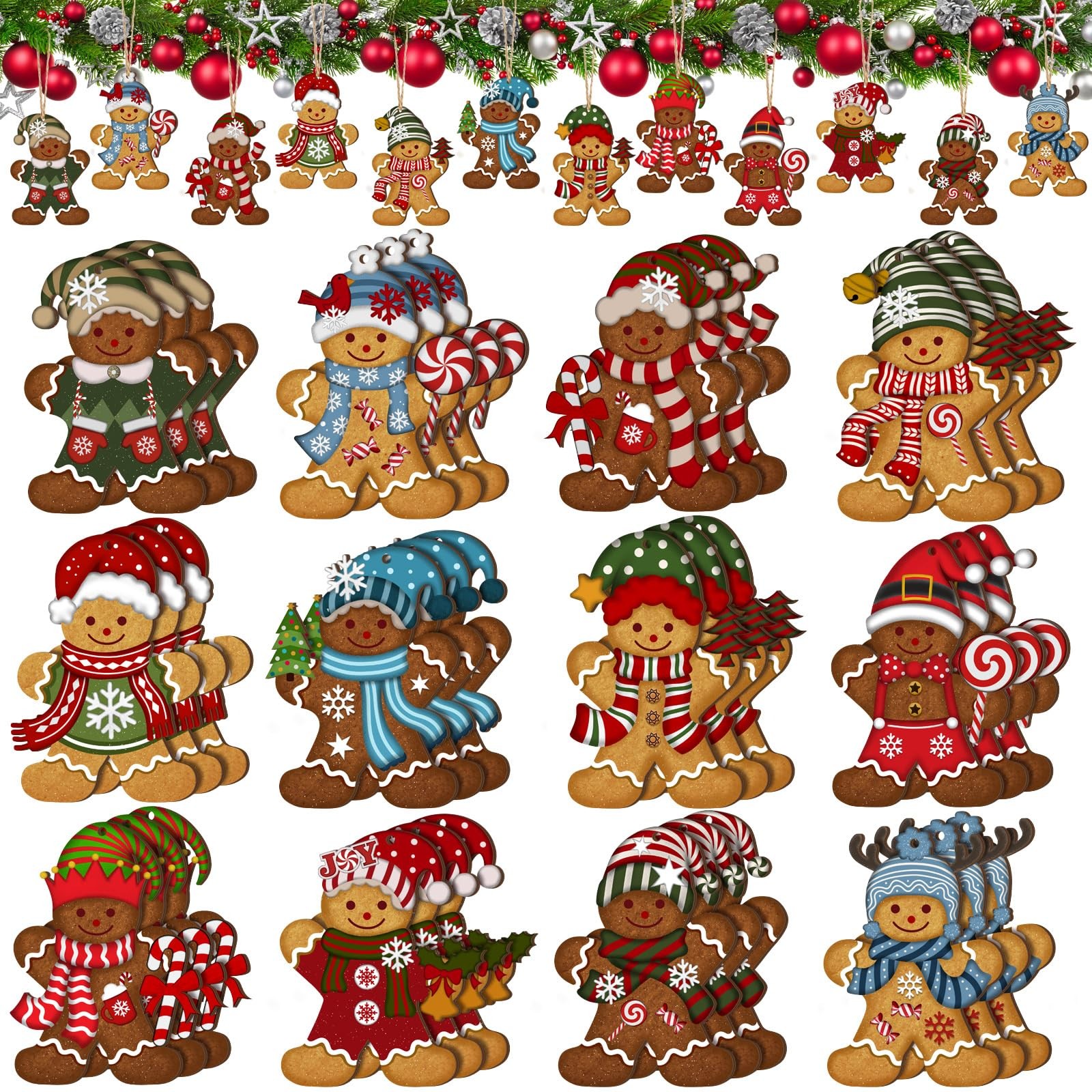 Barydat 36 Pcs Christmas Gingerbread Man Ornaments for Tree Wooden Colorless 