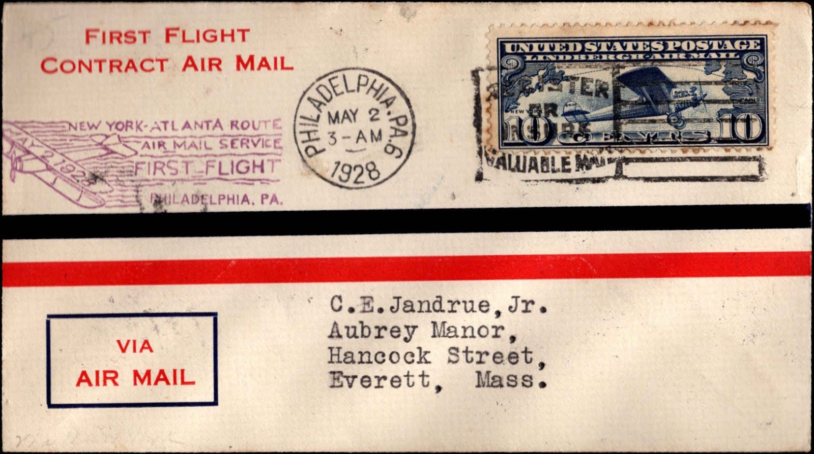 1928 Contract Air Mail First Flight Cover New York Atlanta Route