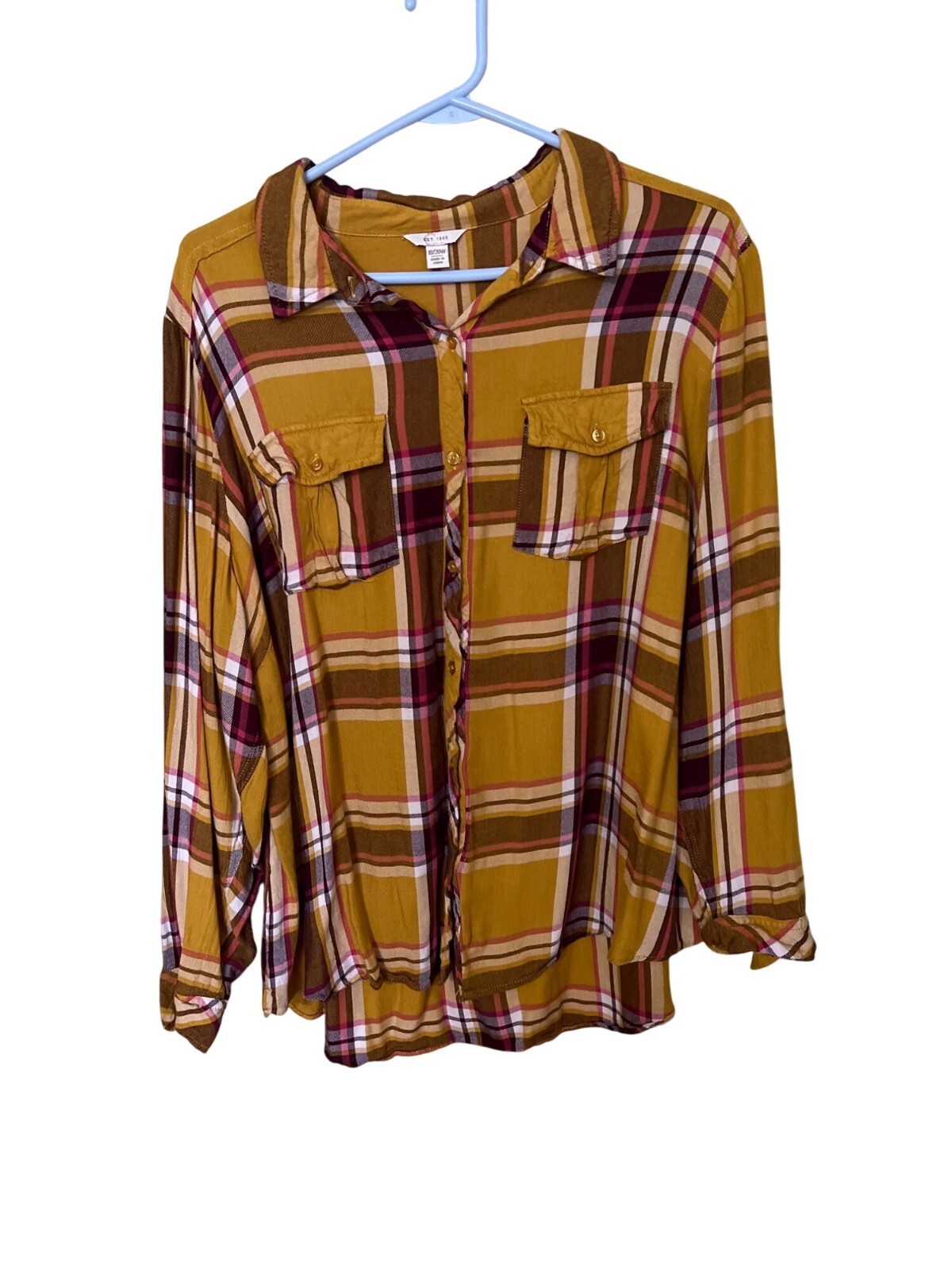 Cato Womens Plaid Button-Up Shirt Mustard & Burgundy Rayon Size 18/20W