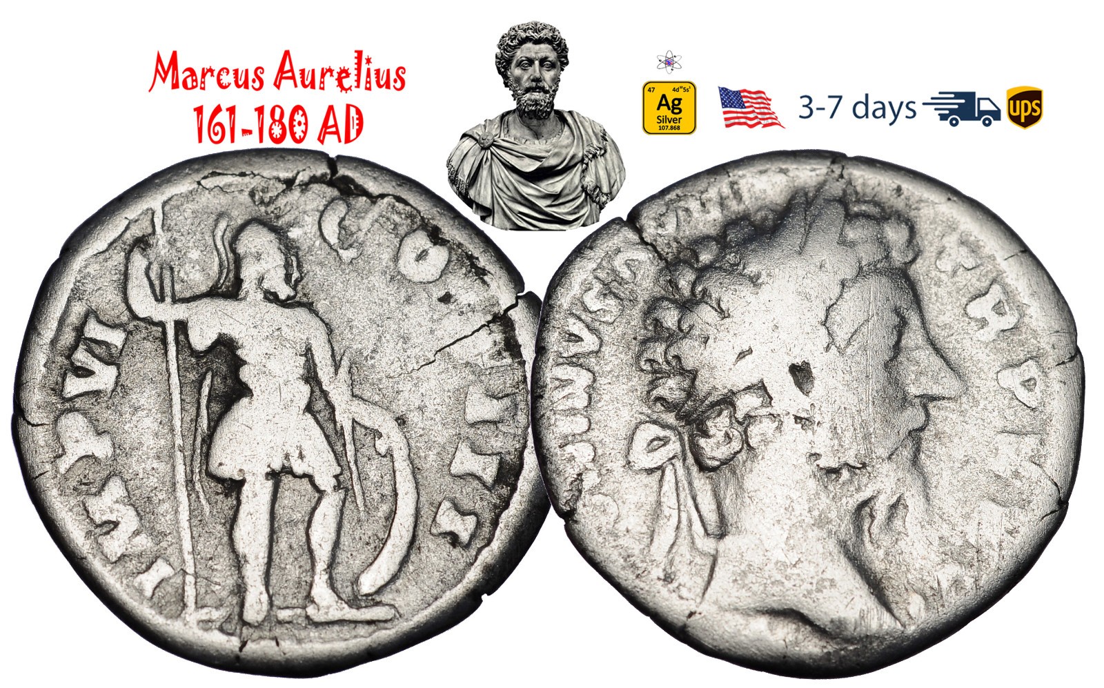 Ancient Roman Empire Coin Silver Denarius Marcus Aurelius 161 180 AD #33557
