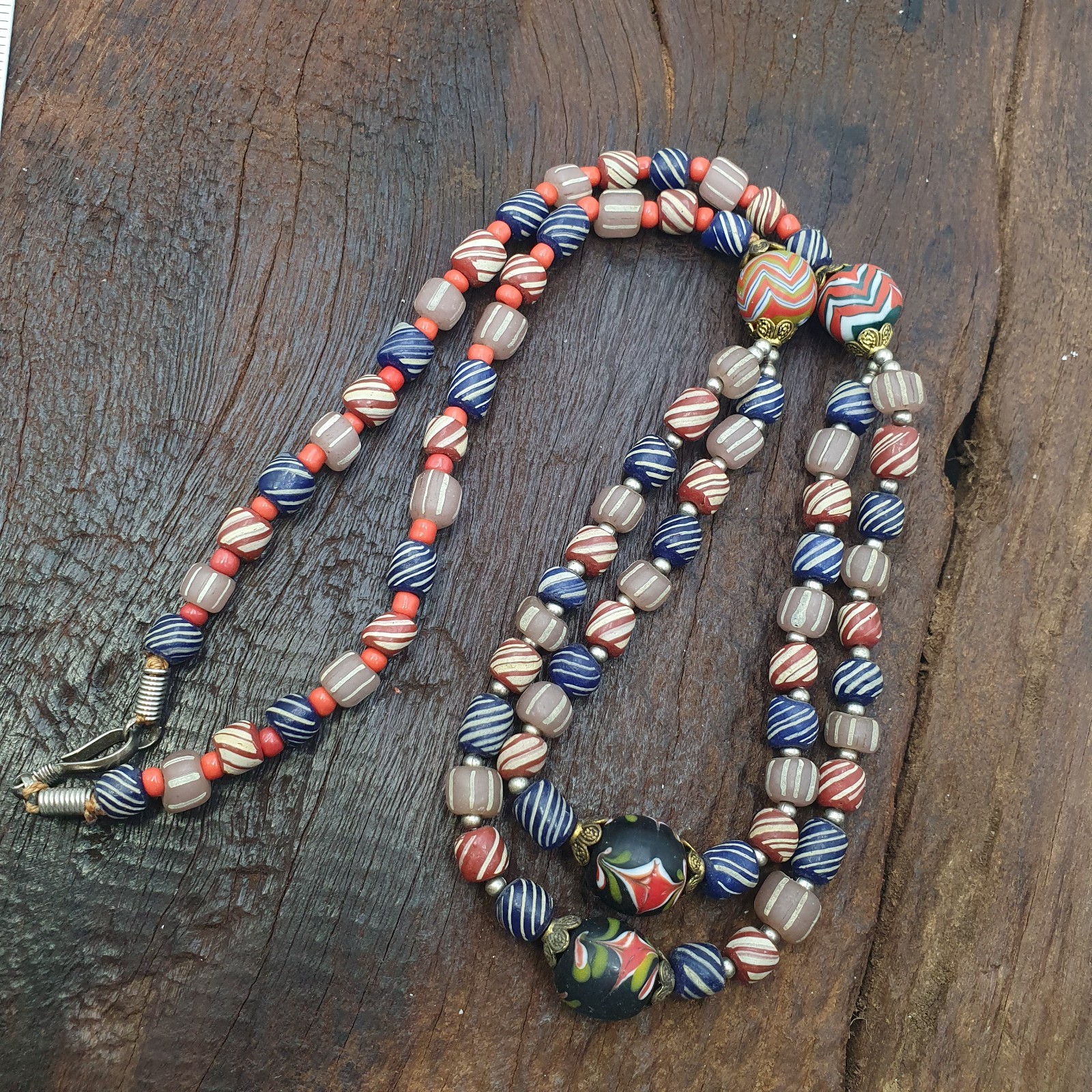 Vintage Striped Glass Trade Bead Necklace Multi-Strand with Patterned Focal Bead