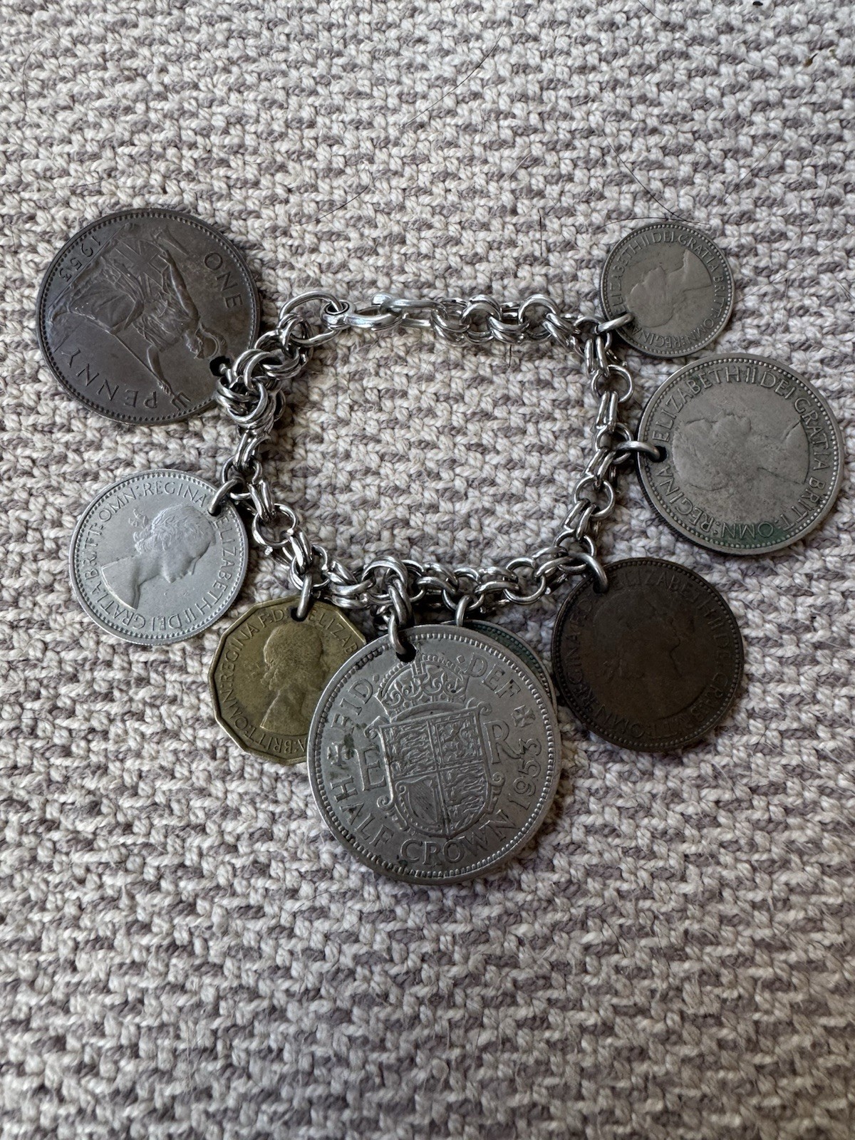 Sterling Silver Charm Bracelet with 8 Different UK British 1953 Coins