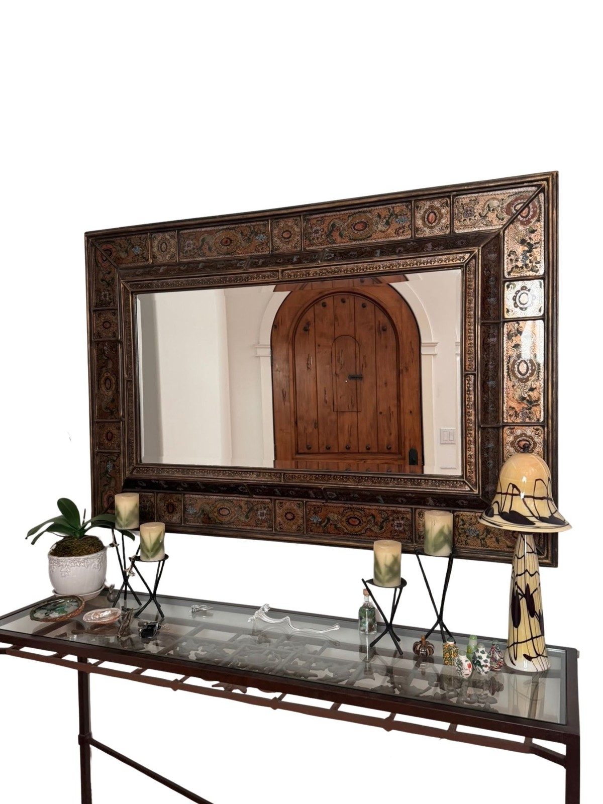 Large Mid-Century Venetian Boho Eglomise Painted Wall Mirror