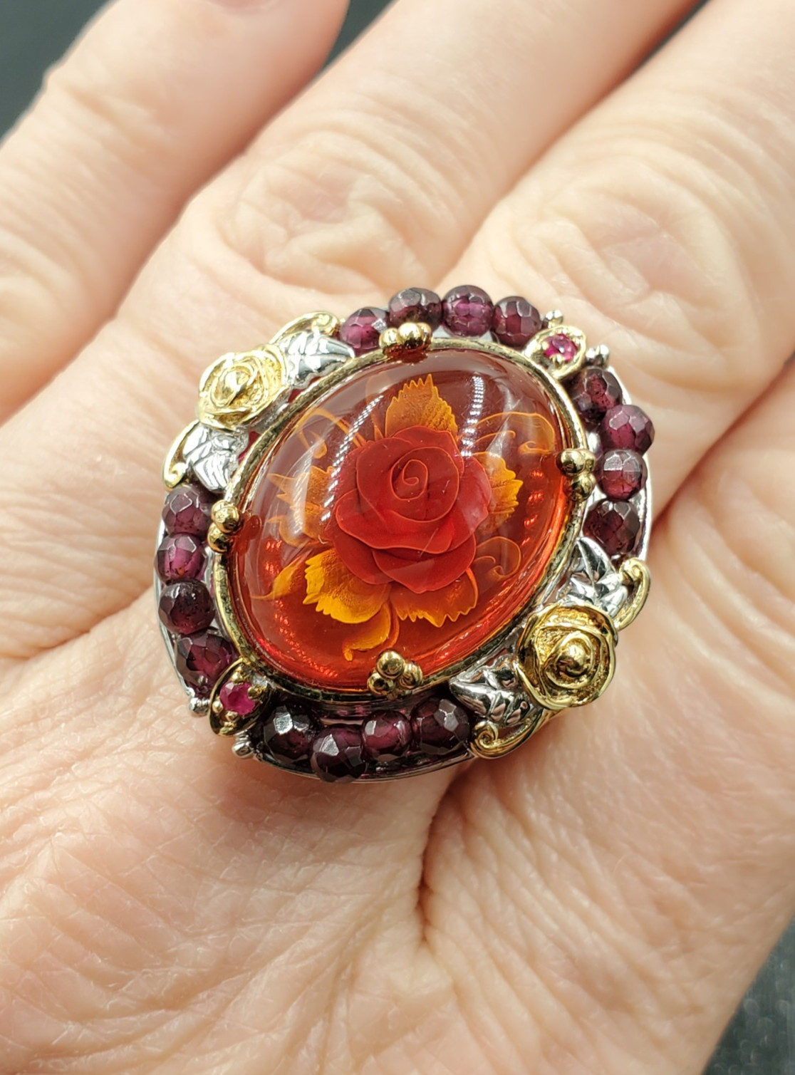 Michael Valitutti Gems En Vogue Carved Amber Rose Flower Sterling Ring Sz 9.25