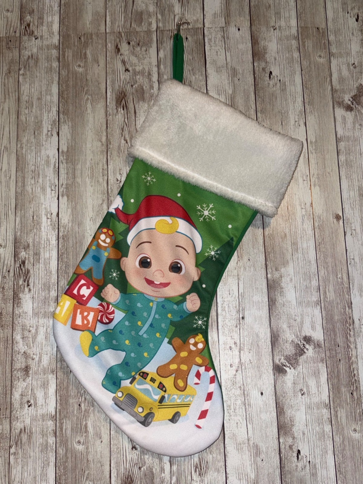 Cocomelon JJ Christmas Holiday Stocking 20" Hanging Loop Green Back White Cuff
