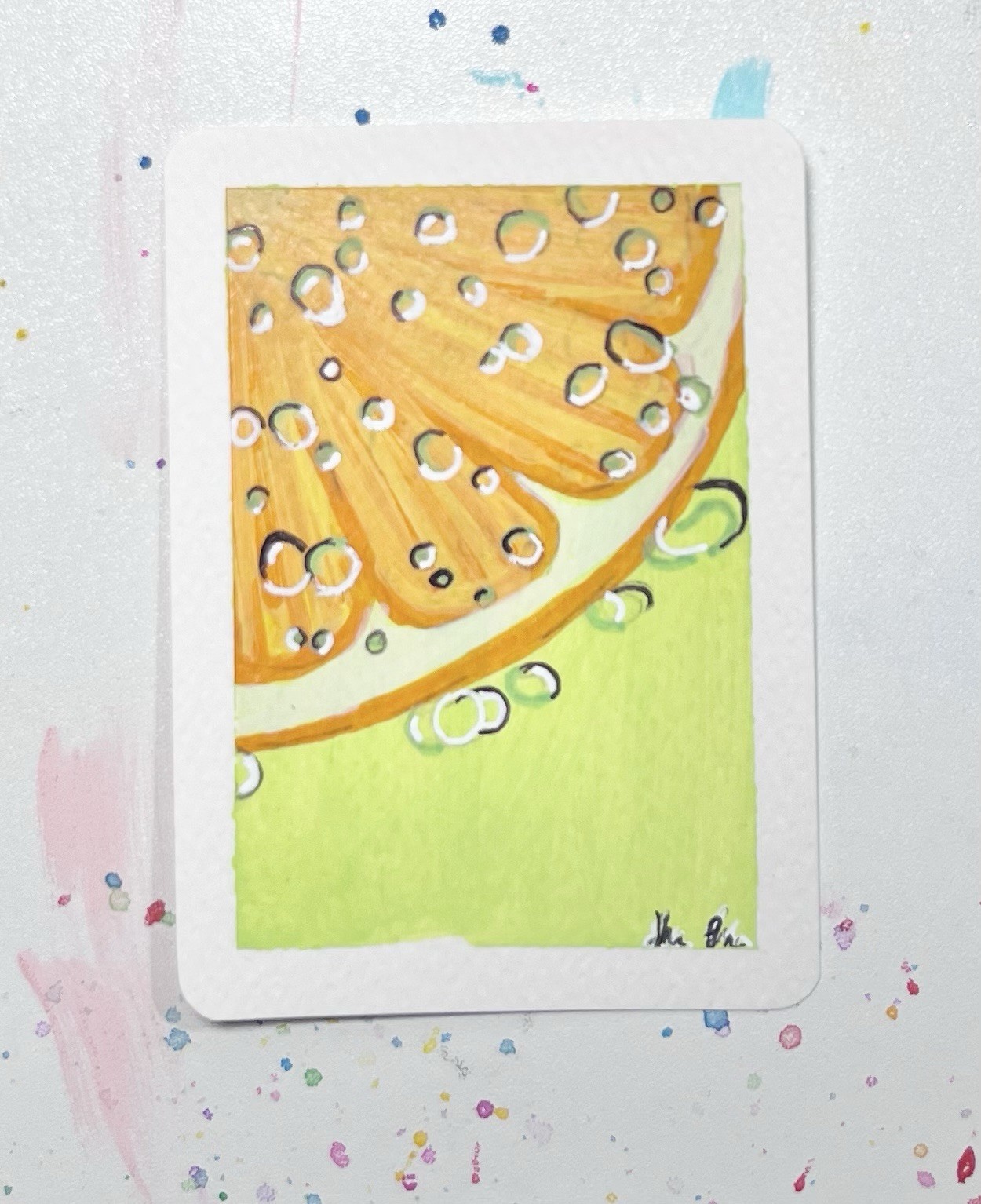 ACEO Journal Orange Waterdroplet Art Card OOAK Citrus Orange/Green healy_clark