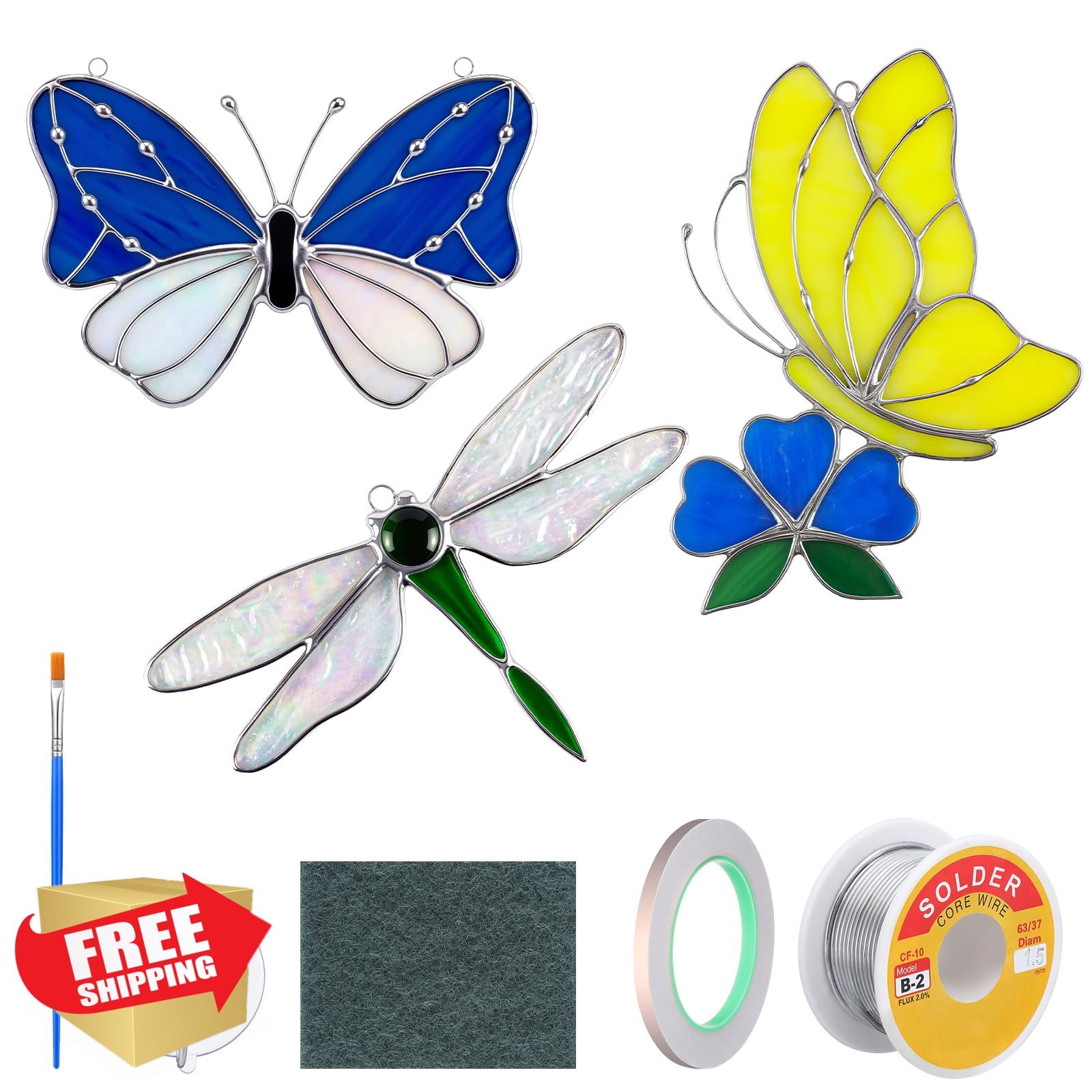 Stained Glass Kit, 3 Sets Insects, Pre-Cut, Solder, Flux Brush
