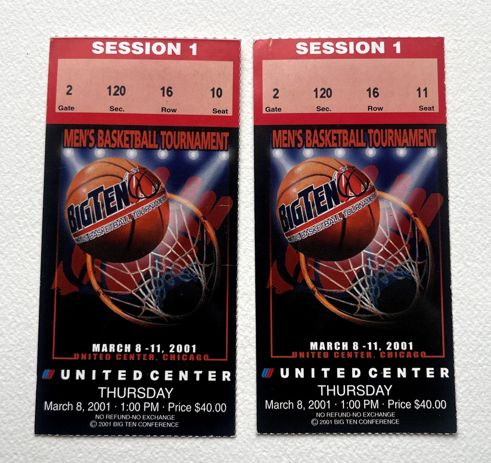 Big Ten Men's Basketball Tournament - March 8, 2001 - Lot of 2 Ticket Stubs