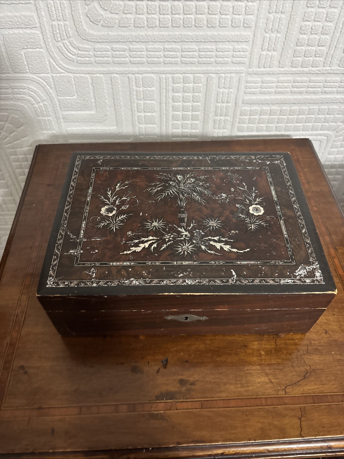 Lovely Antique Wooden Box With Silvered Decoration
