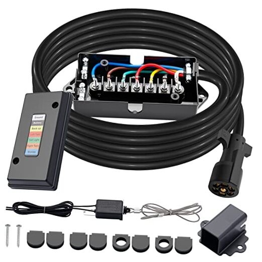  15 FT 7 Way Trailer Cord and 7 Gang Junction Box Kit with 12 V 15 FT KIT