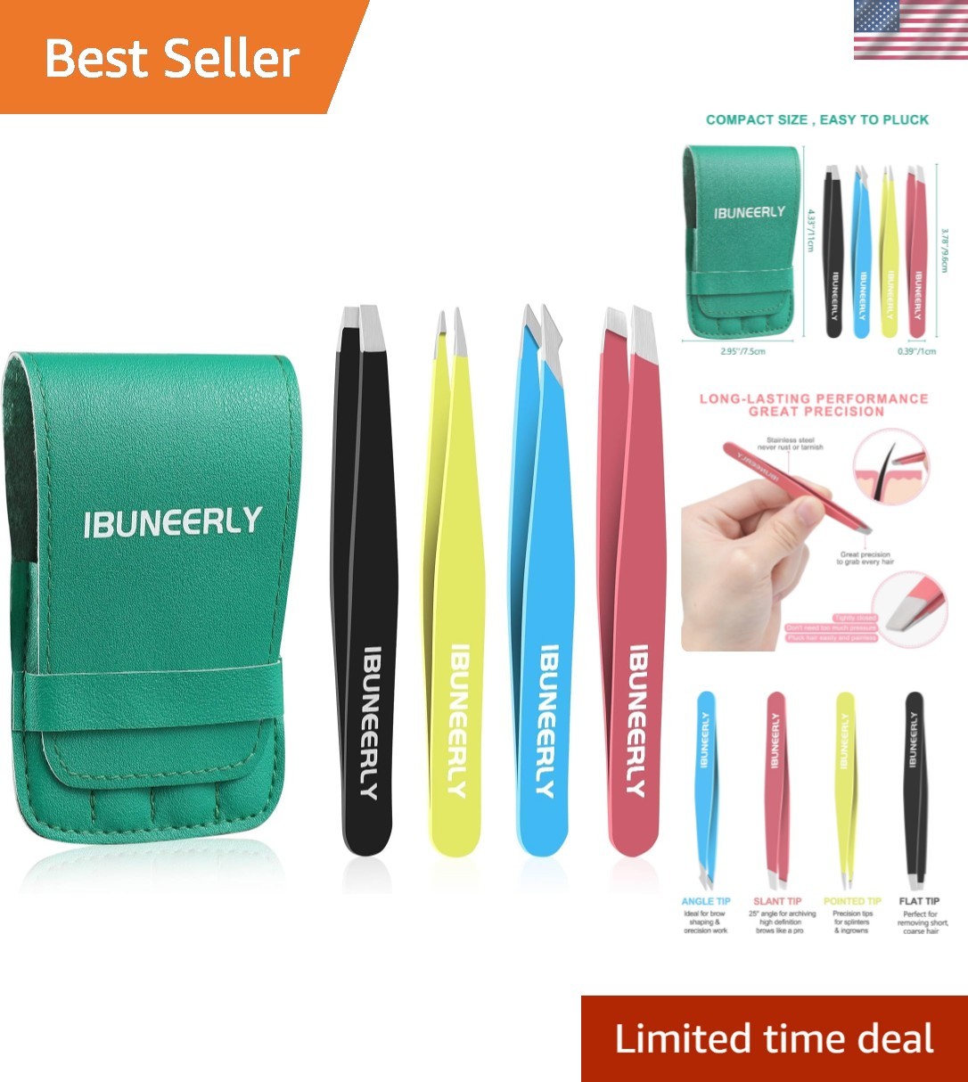 Stainless Steel Tweezers Set: 4 Essential Tools with Stylish Leather Case