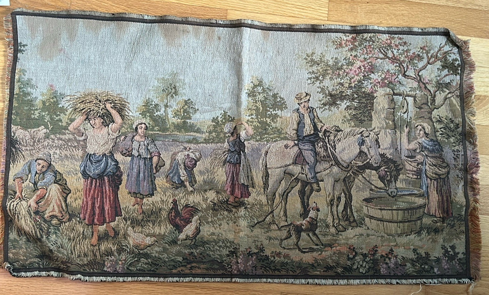 Antique Belgian Tapestry - 34”x19" Farm Chicken Horse Well Scene Wall Hanging