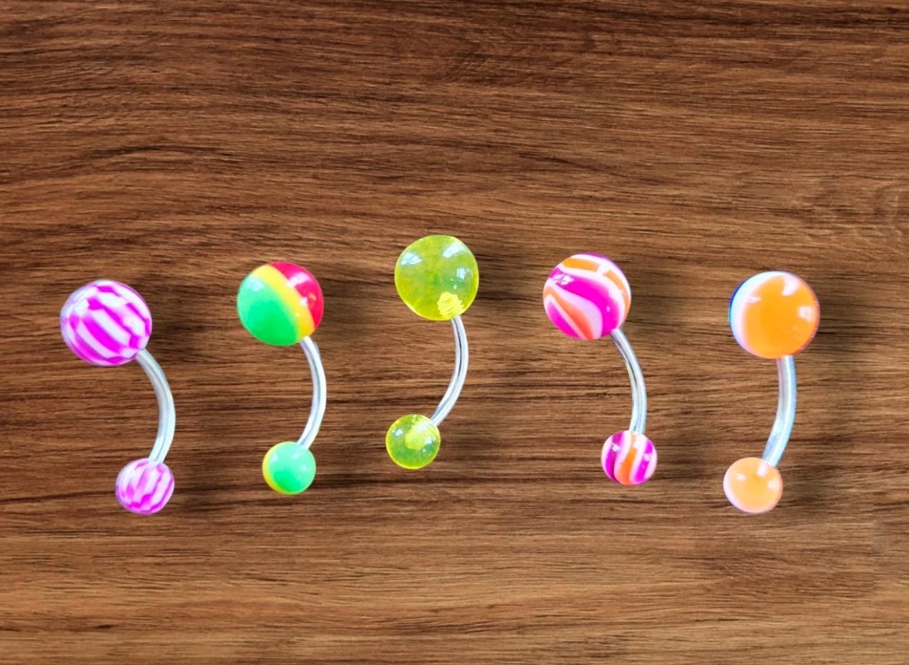 Lot of 5 Multicolor Acrylic Belly Button Rings – Fun Designs Navel Jewelry 14G