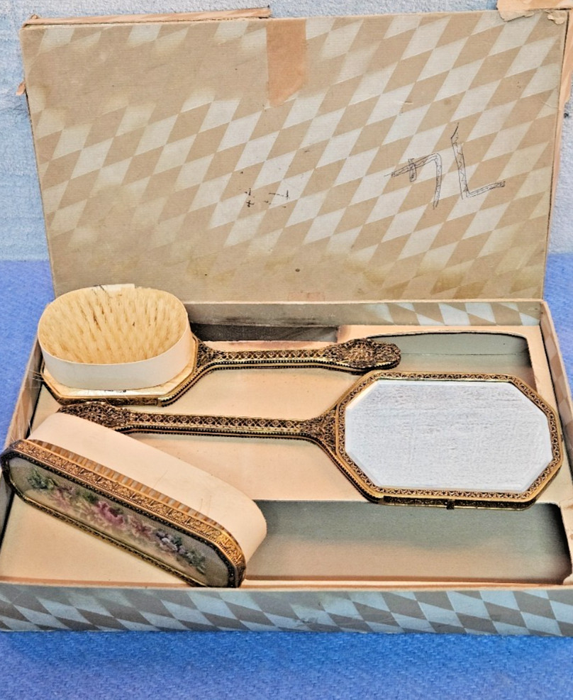 Vintage 50s 3-Piece Vanity Set ~ Filigree Brass & Floral Petit Point Embroidery