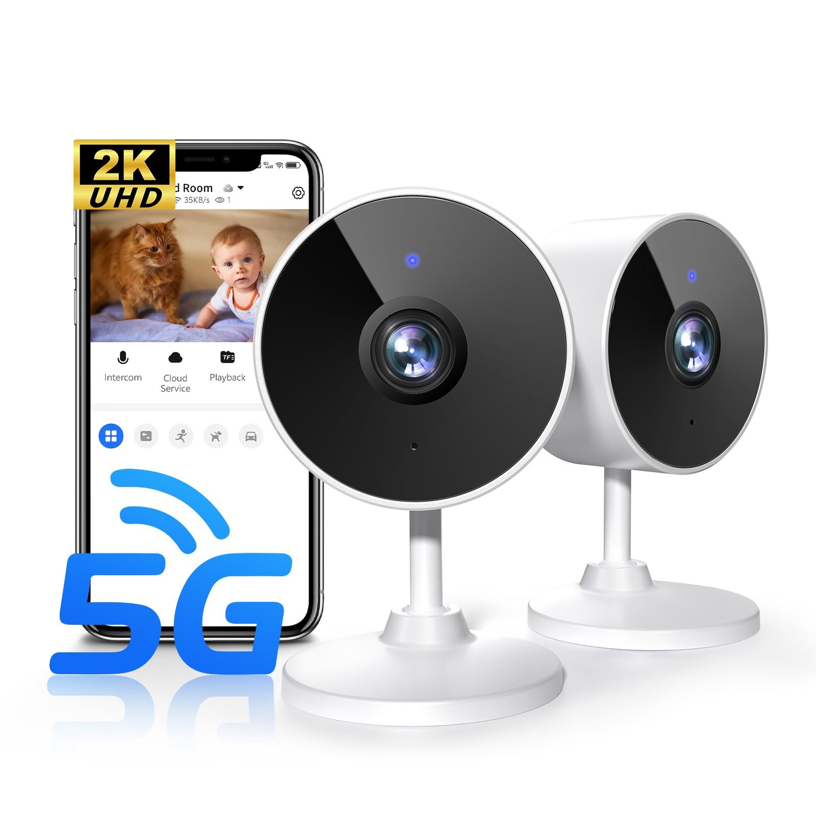2K Indoor Security Cameras 5G 2.4G AI Voice Change 2-Way Talk 24/7 SD