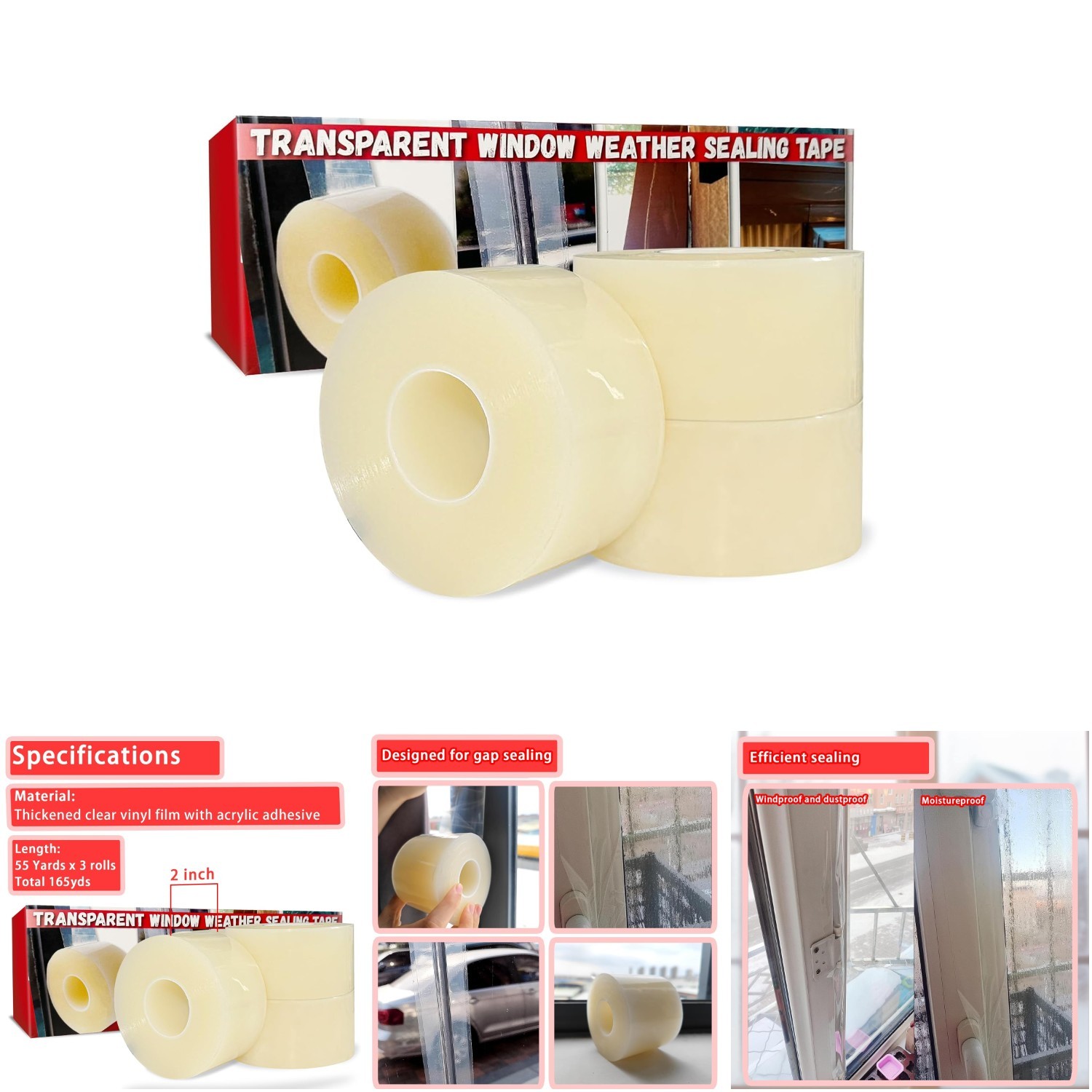 Transparent Window Sealing Tape 2in x 165ft 3Pack Clear AC Weather Stripping No
