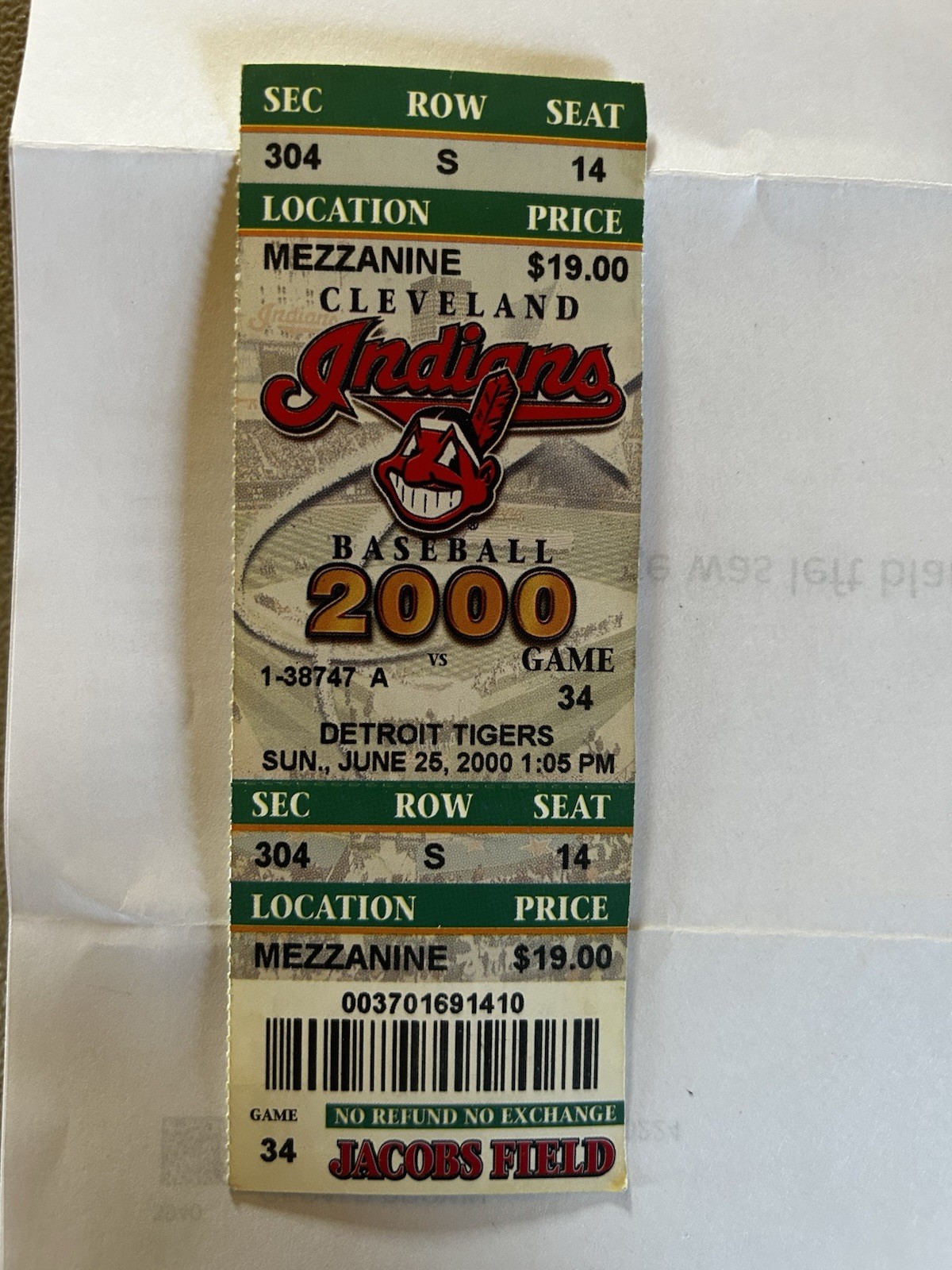 Unused Cleveland Indians Ticket Versus Detroit Tigers 2000 ￼
