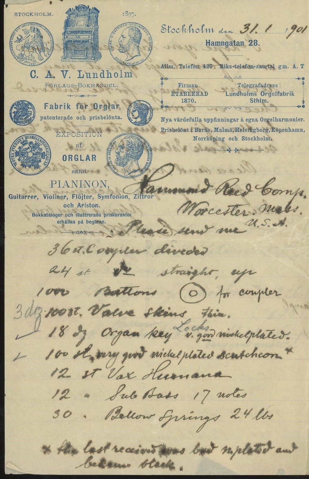 C.A.V. Lundholm Stockholm Sweeden Music Store Order to Hammond Reed Worcester MA