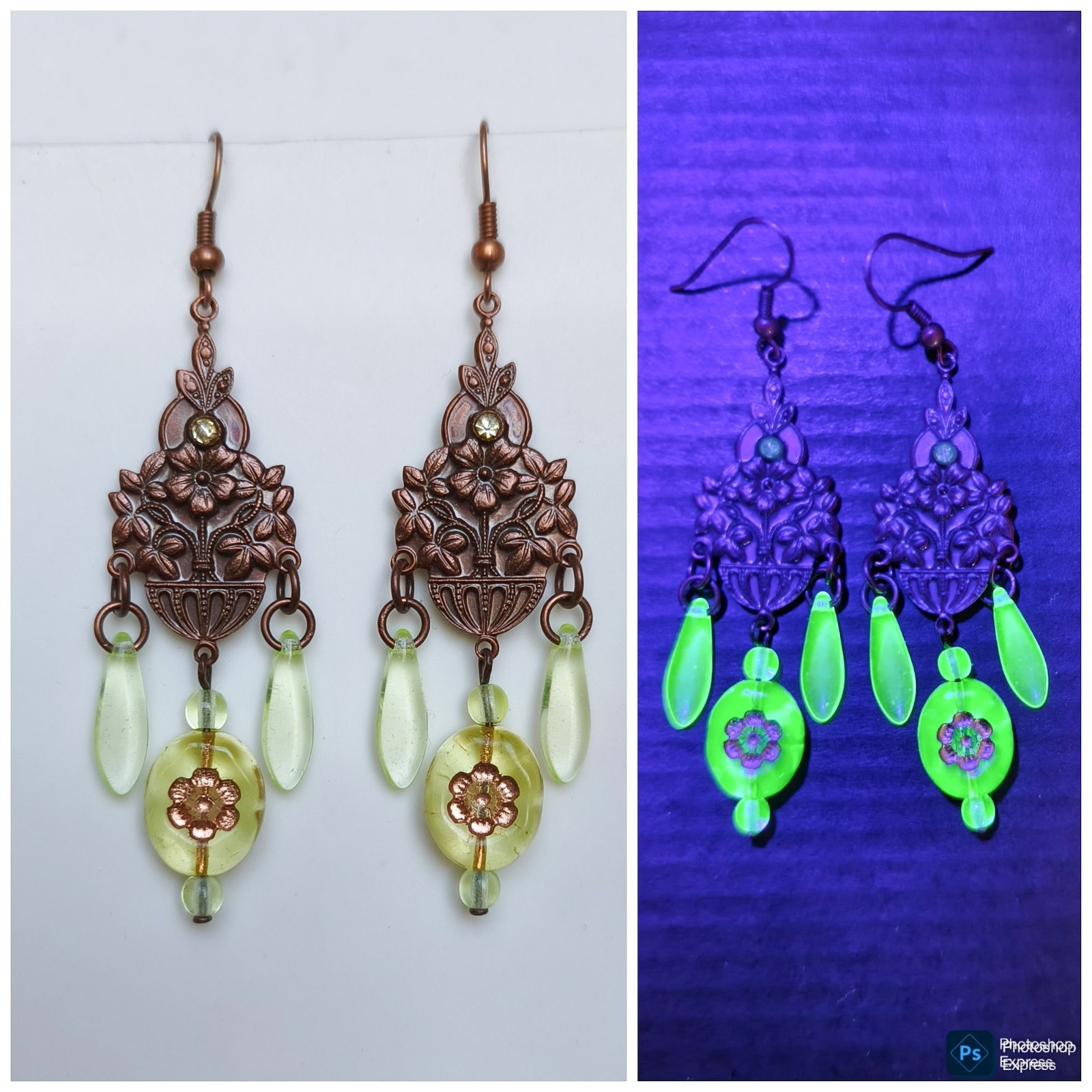 Czech vintage uranium vaseline flower tulip glass drop dangle earrings