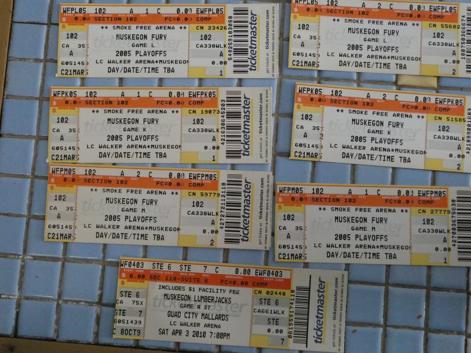 MUSKEGON FURY LOT OF 6 UNUSED PLAY OFF TICKETS 2005 MINT # 1 jACKS 2010 MINT