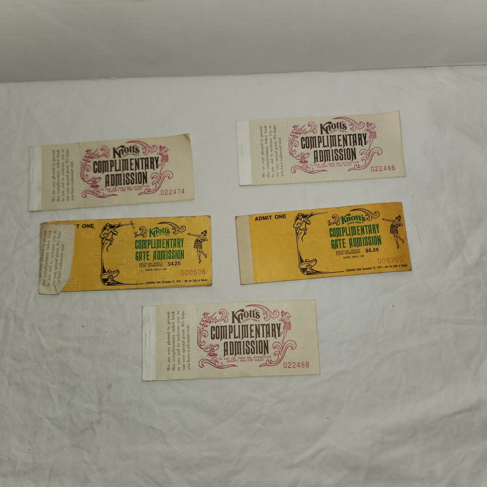 Lot of 5 Knotts Berry Farm Complimentary Admission Ticket Booklets, 1970s