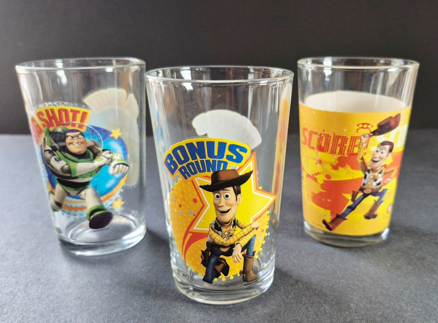 Vintage Disney Pixar 1995 Toy Story Woody Rex Buzz 8oz Juice Glasses Set of (3)