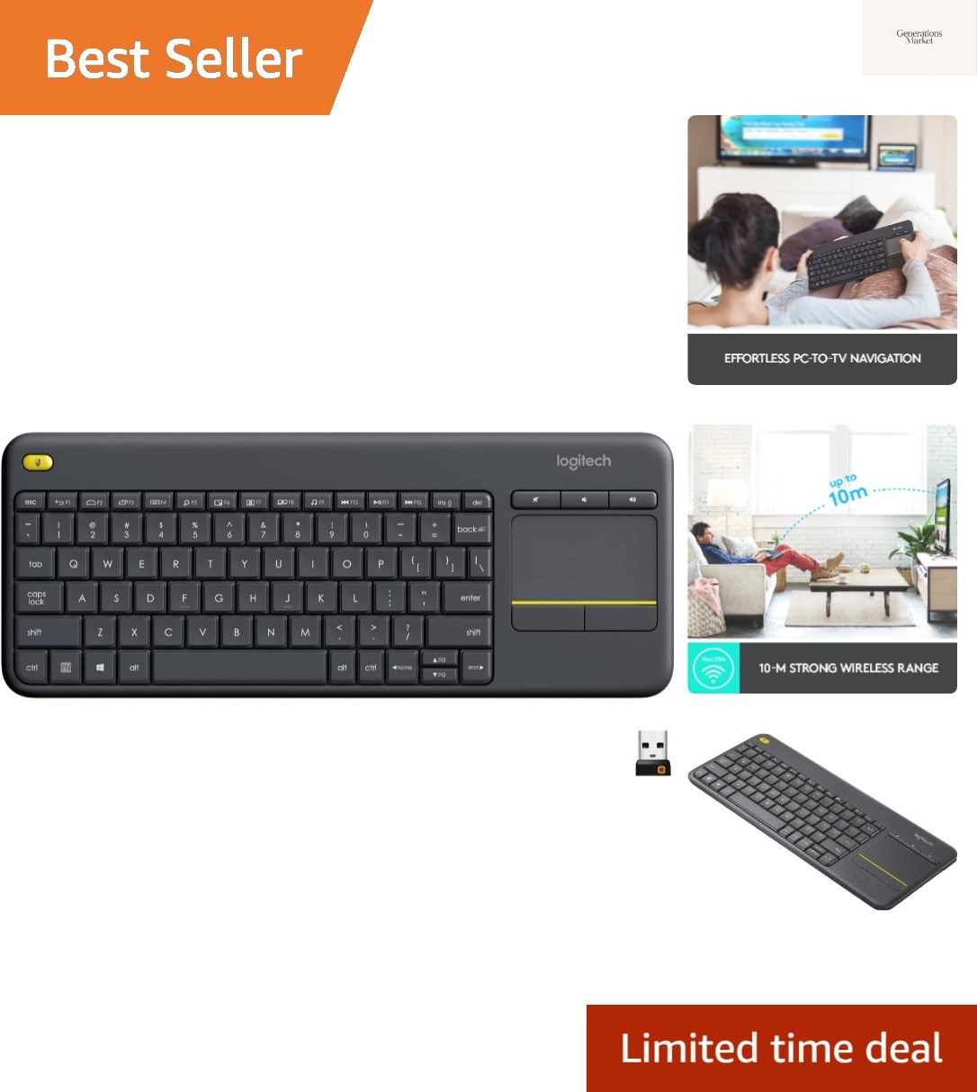 K400 Plus Wireless Touch TV Keyboard with Easy Media Control and Built-in Tou...
