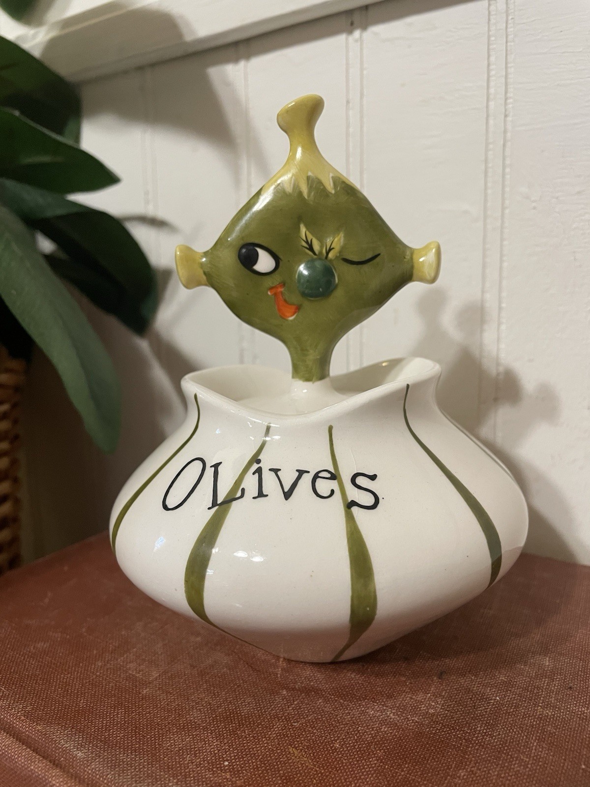 Vintage 1959 Ceramic Holt Howard Pixieware Cocktail Olives Jar With Lid & Fork