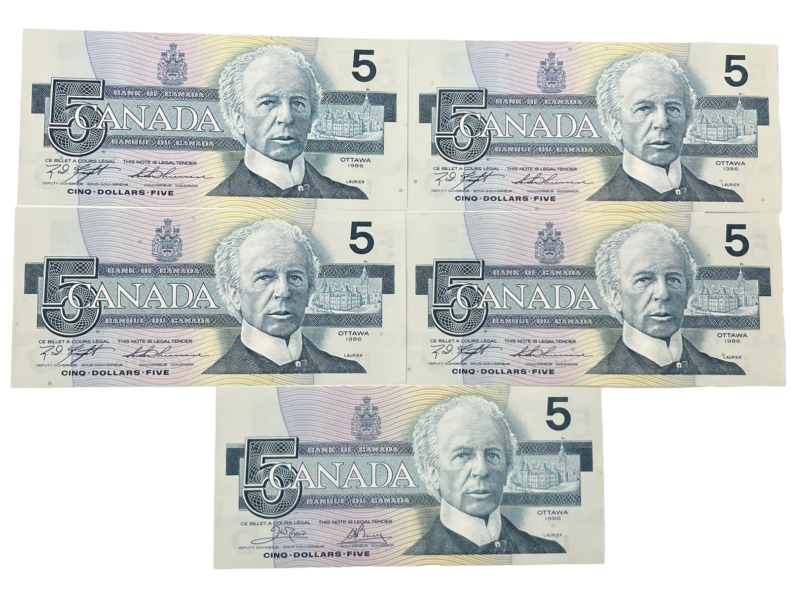 Canadian 1986 $5 Dollars Bill Lot Of  5 There are four consecutive numbers