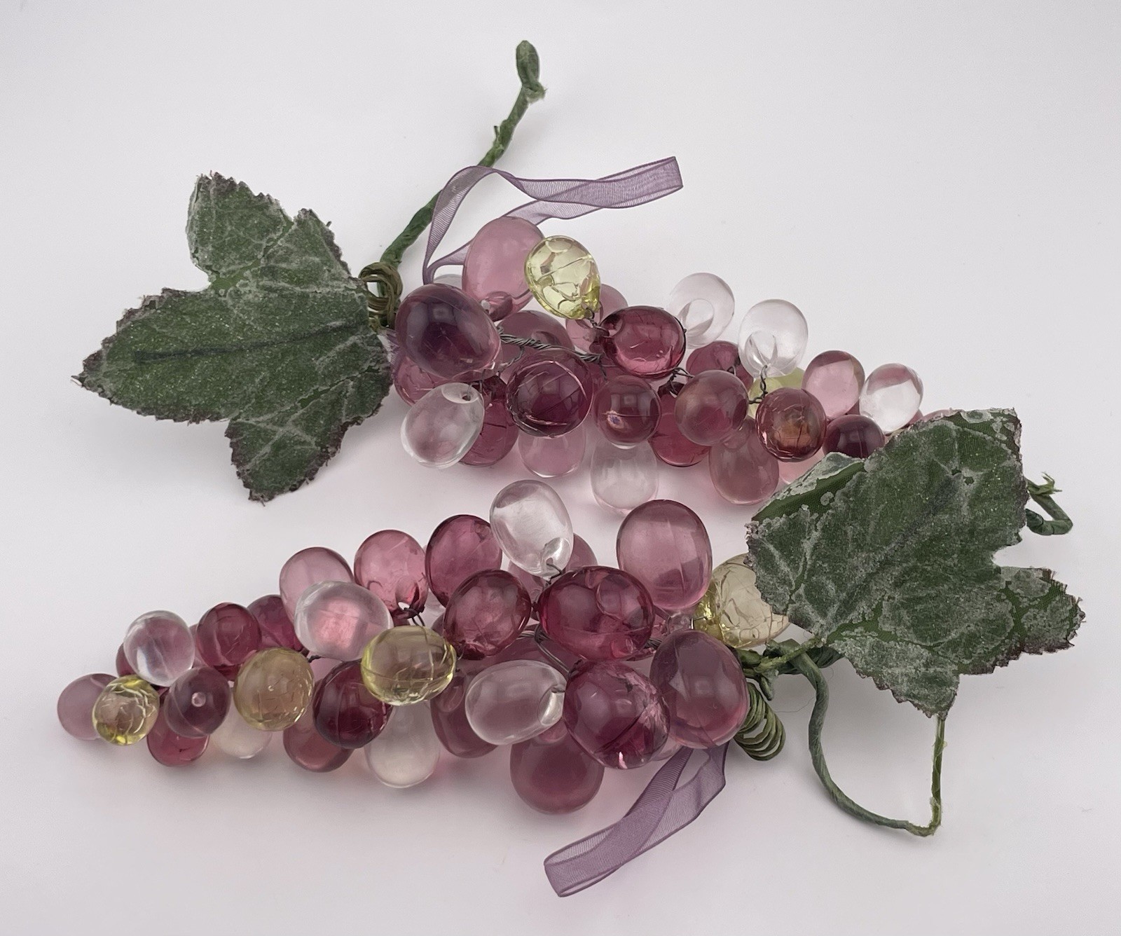 Pair of Vintage  MCM Lucite Cranberry Grape Clusters with Leaves, 5"