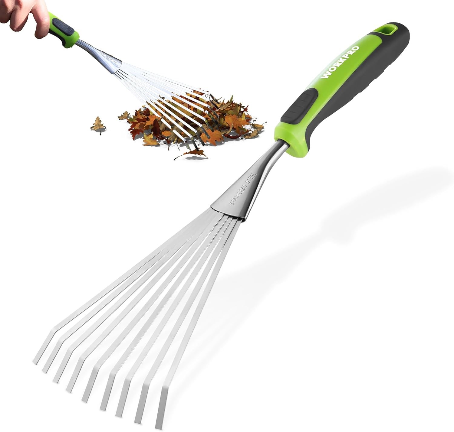 WORKPRO 16" Hand Rake, Heavy Duty Stainless Steel Garden Rake with Soft Handle,