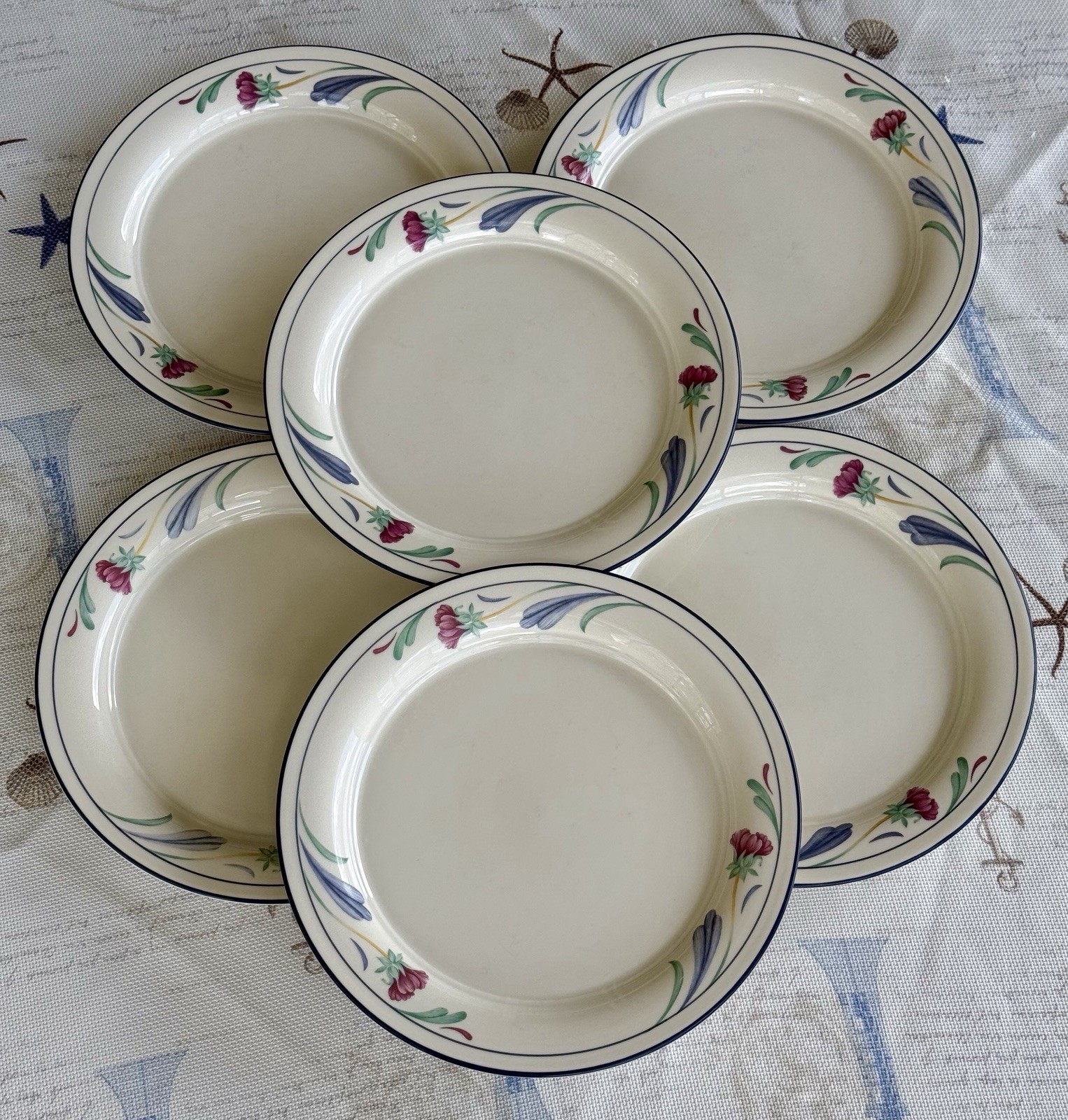 Lenox Poppies on Blue Chinastone Set of 6 Salad Plates 8.5” Made In USA