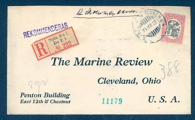 FINLAND 1920 REGISTERED TO USA