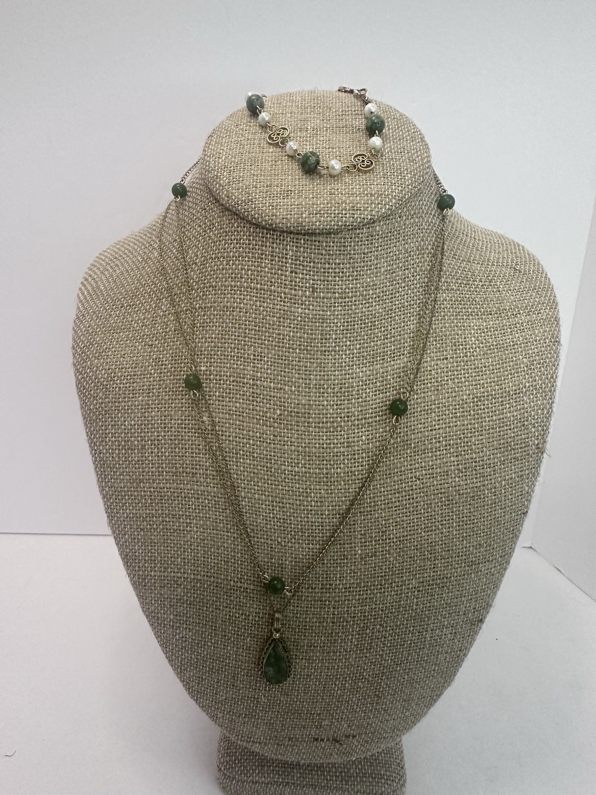 lot of 3 VTG Green Jade Pendant 12K GF bracelet, necklace