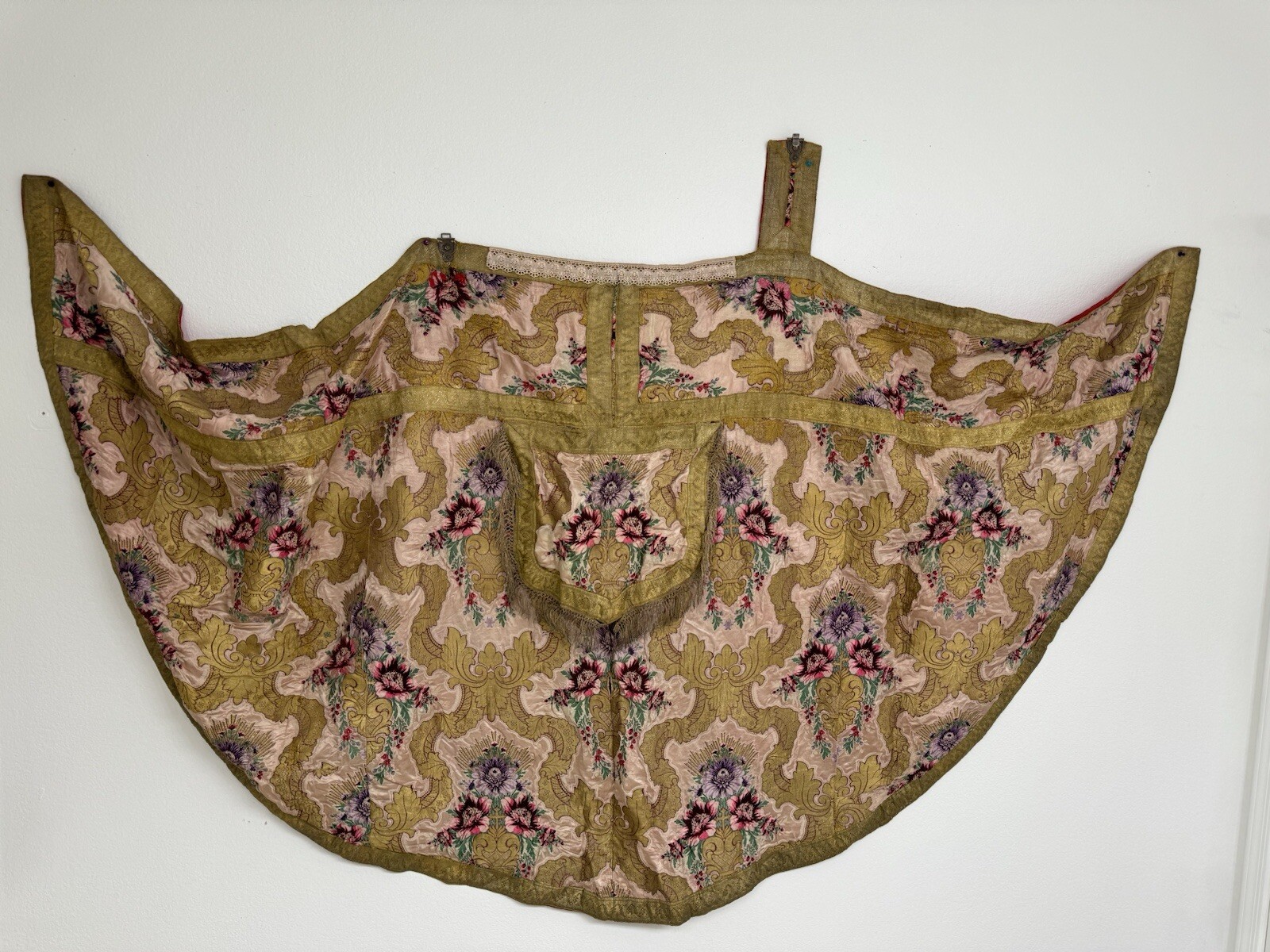 Antique Silk Brocade Chasuble W Antique Spanish Colonial Silver Clasp 54” x 102”