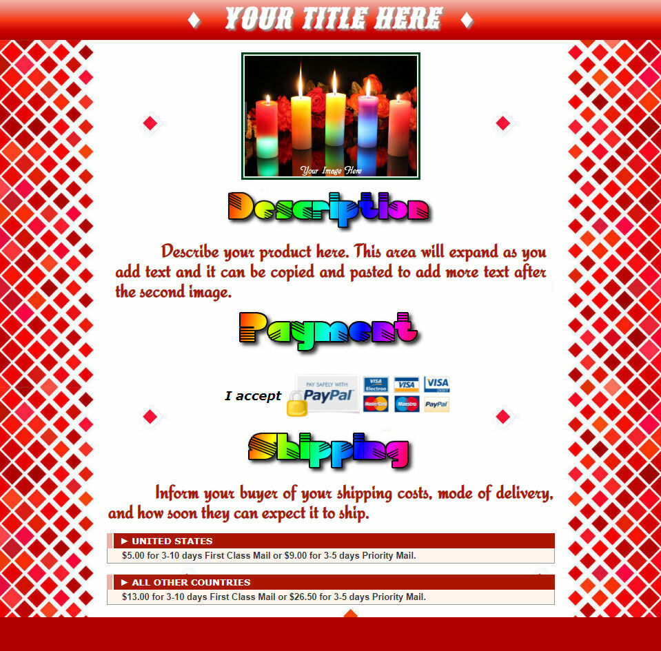 AUCTION TEMPLATE Red Pixels Design With Fancy Fonts - FREE SHIPPING